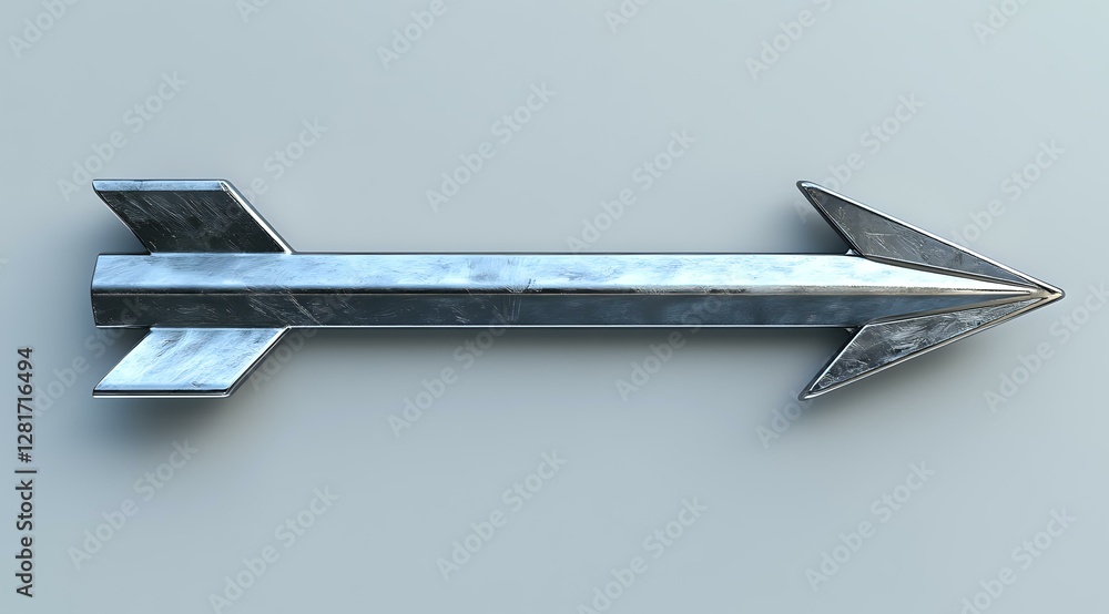 Poster metallic chrome arrow with reflective surface and geometric design features sharp angular fins, isol