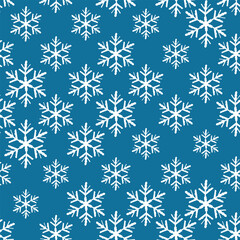 Winter seamless pattern with white snowflakes on blue background. Vector illustration for fabric, textile wallpaper, posters, gift wrapping paper. Christmas vector illustration.