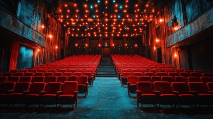 Empty theater, red seats, dim lights, grunge interior, film premiere