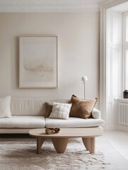 A modern living room reveals a calm and serene interior