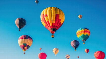 Obraz premium Colorful hot air balloons soaring against clear blue sky create vibrant festival atmosphere. scene captures joy and excitement of ballooning adventures