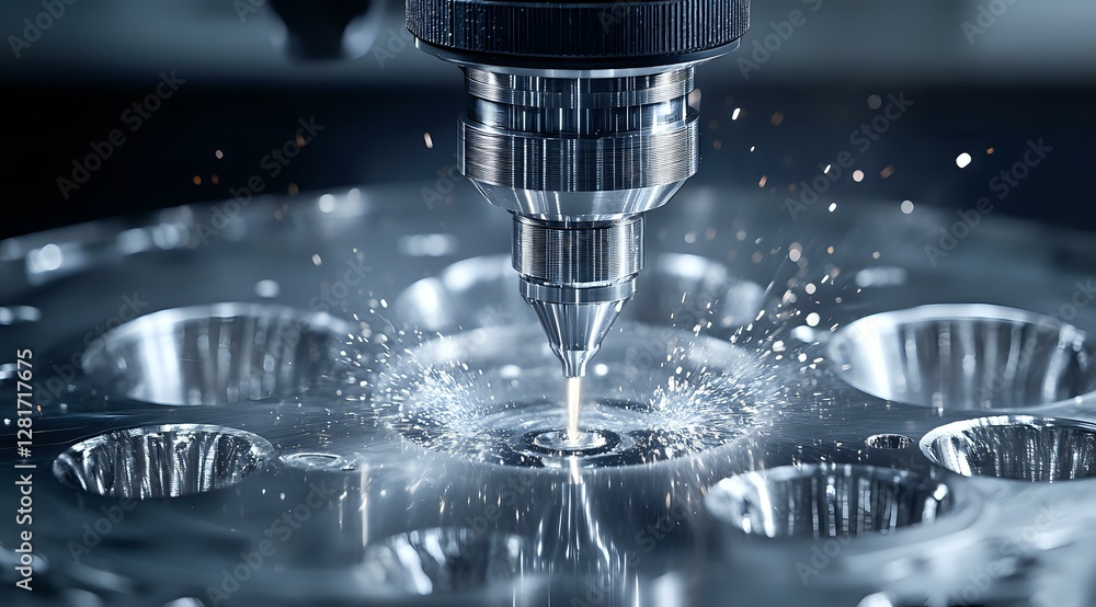 Poster industrial cnc machine drilling metal with coolant spray creating dynamic splash pattern in manufact