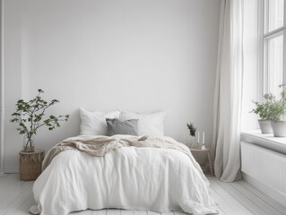 Minimalist bedroom shows a white bed and simple decorations