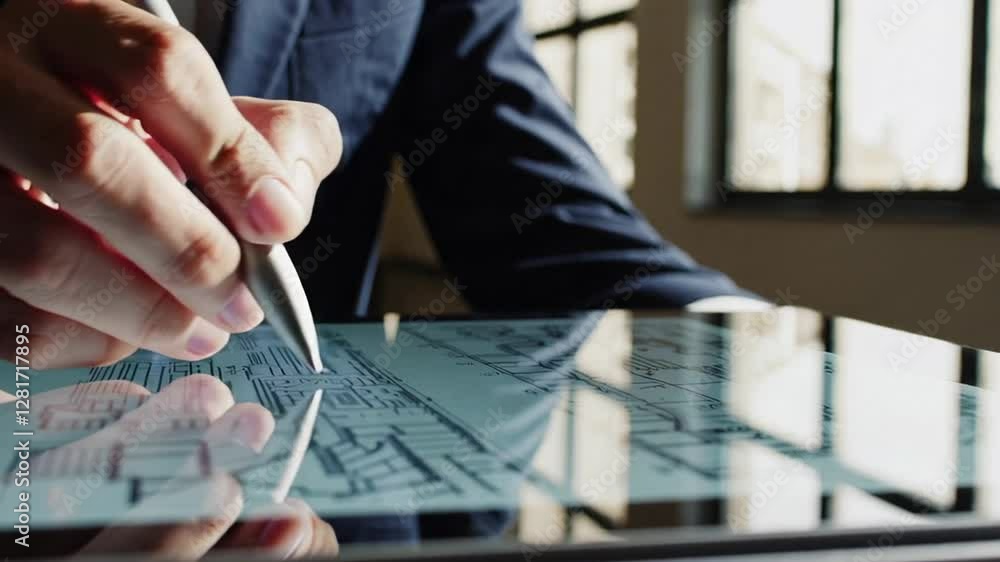 Poster Close up slow motion of an engineer working on a tablet, using a stylus to review and annotate a building plan, reflecting his focused concentration