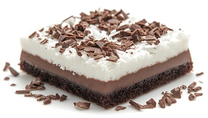Chocolate layered cake square, delicious dessert, on white background, for advertising