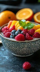 Colorful fruit bowl with fresh berries and citrus slices displayed on a dark surface and garnished with mint leaves