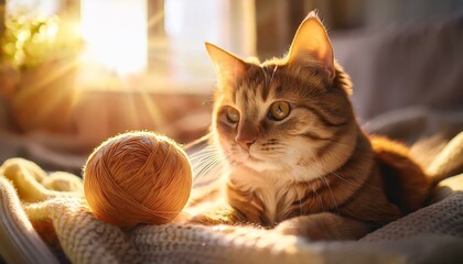 cat plays joyfully with a ball of thread on a cozy blanket in a sunlit room