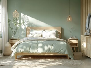 Cozy bedroom with bed lighting and a light colored green wall