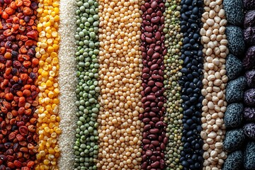 Colorful array of dried beans and grains a vibrant mix of textures and nutritional diversity in food staples