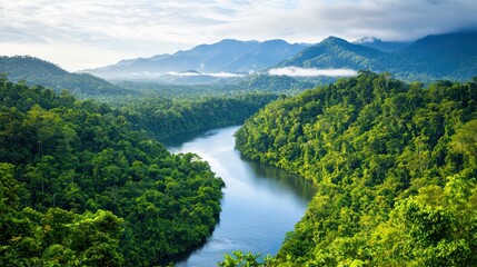 Winding River Through Lush Green Rainforest in Serene Landscape