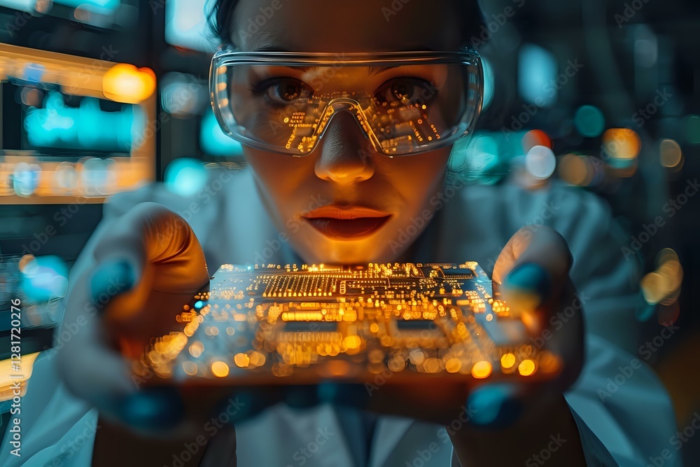 Poster asian female scientist in protective glasses examining circuit board with glowing reflection in dark