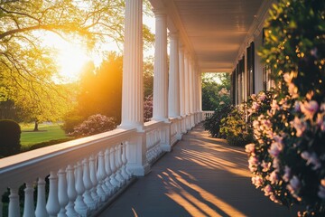 elegant southern plantation mansion with wraparound porch white columns manicured gardens golden hour lighting magnolia trees in bloom classic architectural details