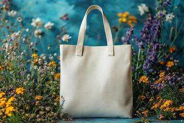 Eco-Friendly Tote Bag surrounded by vibrant wildflowers against a dreamy blue backdrop Stylish sustainability meets nature's beauty