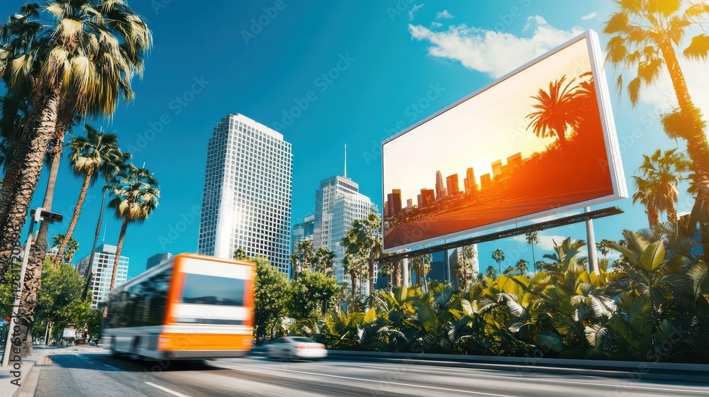Poster Urban Landscape with Rotating Billboard Displaying Multiple Ads