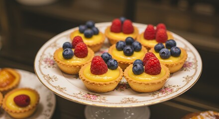 Delicious Fruit Tartlets with Raspberries and Blueberries on Elegant Cake Stand