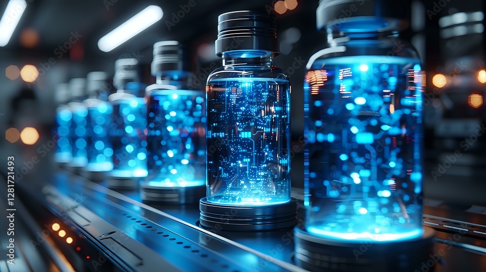 Poster glowing blue liquid in glass bottles arranged in row on futuristic laboratory table with bokeh light
