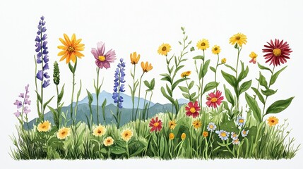Fototapeta premium Watercolor Rustic Wildflowers Blooms in Scenic Landscape Background