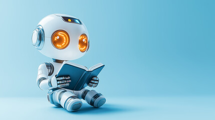 A futuristic cute robot reading a book on blue background. Deep learning and Machine learning concept.