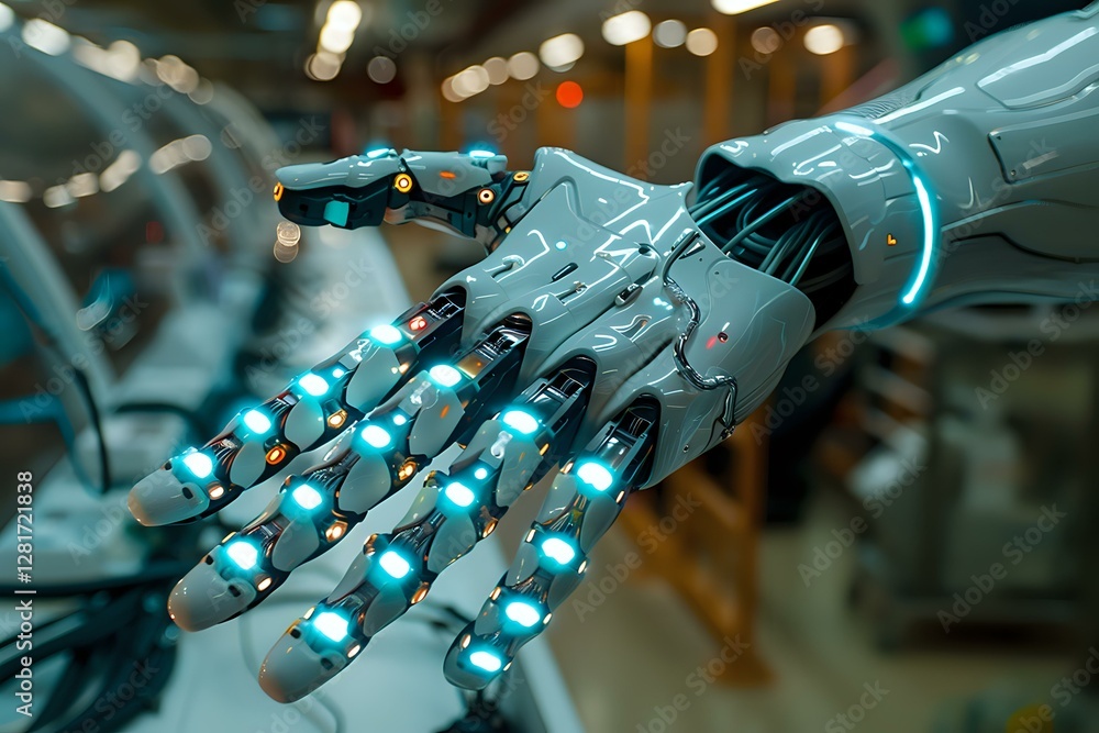 Poster robotic hand with glowing blue elements and metallic surface in futuristic style against blurred bac