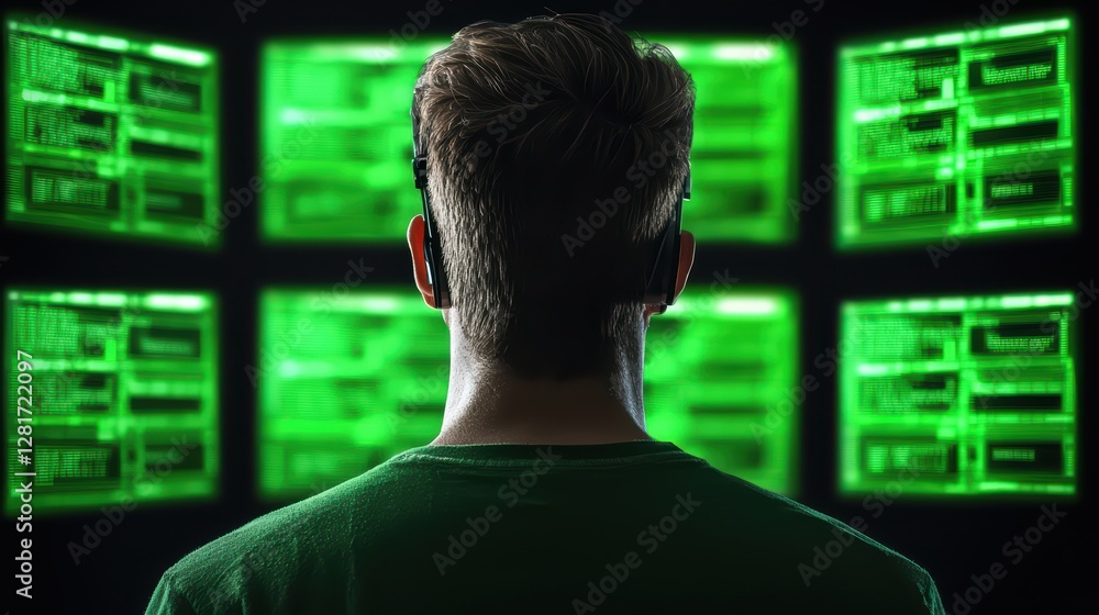 Poster scientist analyzing ai algorithms on multiple screens in dark room