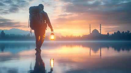 Lone hiker with lantern at sunrise, mosque in background, calm lake reflection, spiritual journey image