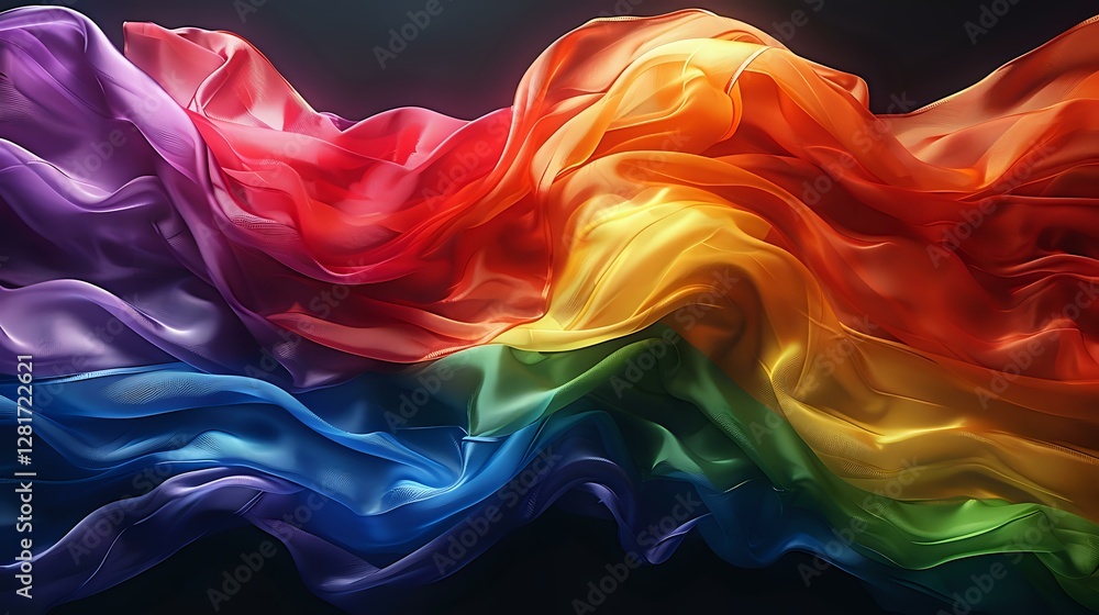 Poster vibrant rainbow colored smoke waves flowing in smooth curves against black background, creating dyna