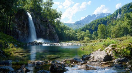 Fototapeta premium stress management techniques. Serene waterfall cascading into a tranquil forested landscape.