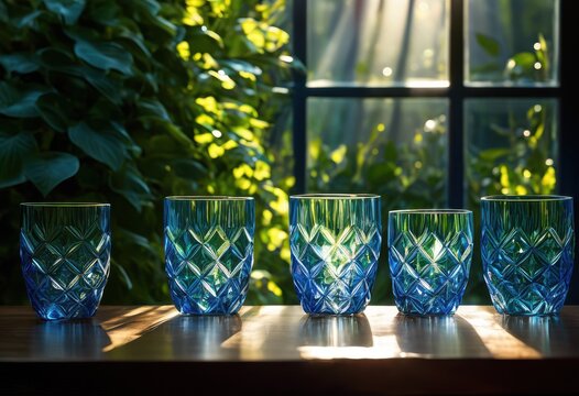captivating play light shadows reflected spectacular clear water glasses capturing iridescent colors vibrant highlights, angle, arrangement, aesthetic