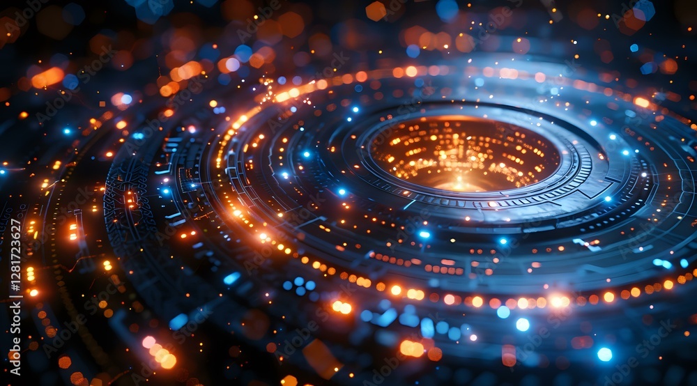 Poster glowing spiral of orange and blue lights with futuristic circular pattern creating dynamic motion ef