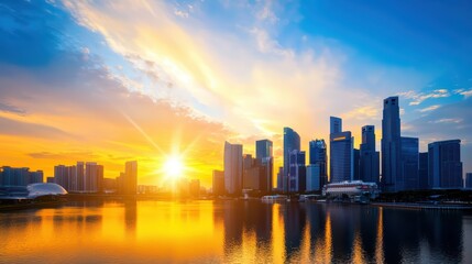 Obraz premium Glowing Solar Panels Under Bright Sunlight with Urban Skyline Reflection