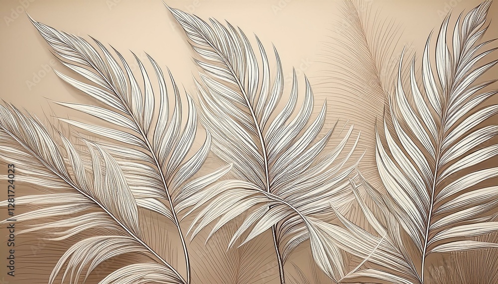 Poster white line drawing of palm leaves on a beige background simple and elegant with subtle shadowing for