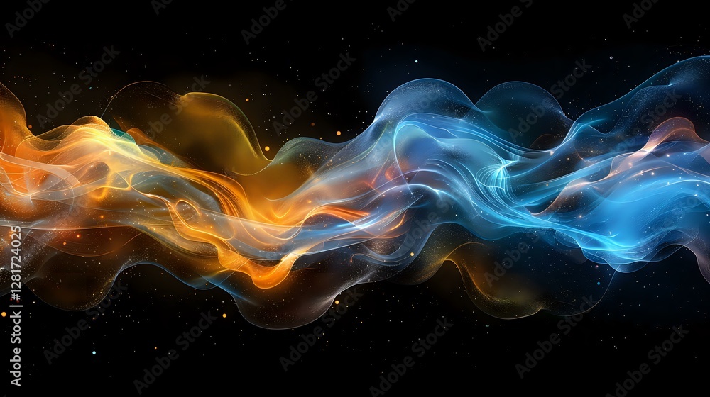 Poster vibrant orange and blue smoke waves collide in cosmic space, creating dynamic flowing abstract shape