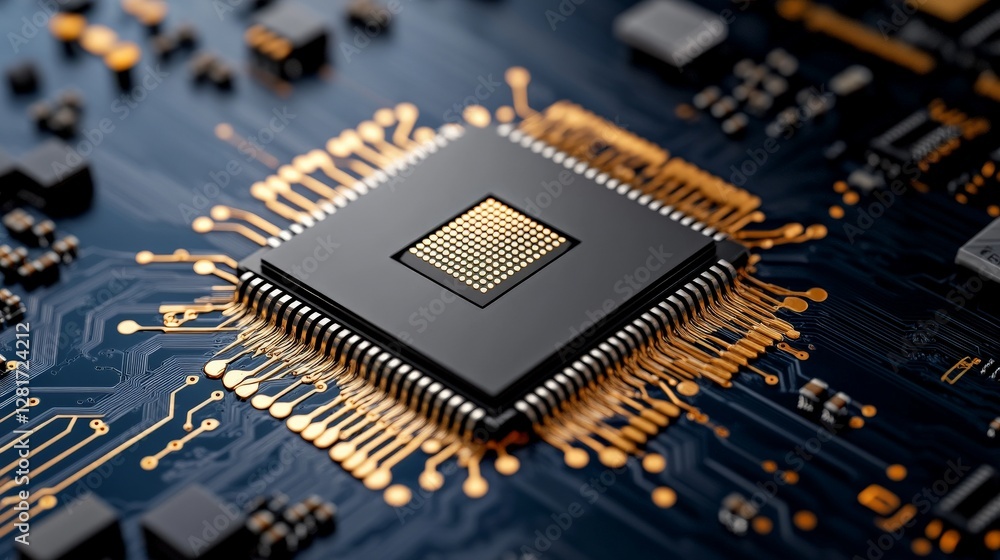 Poster close-up of modern microprocessor on circuit board with connectors