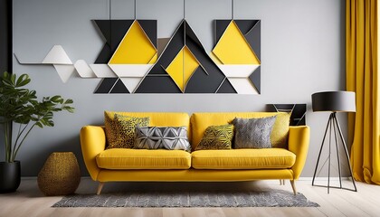 modern interior with yellow sofa patterned cushions and triangular wall decor exhibits vibrant color scheme