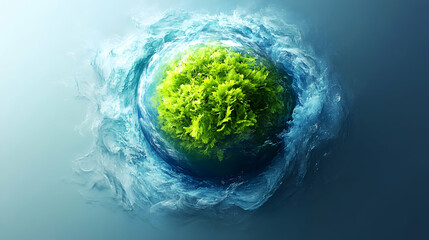 Lush green planet surrounded by swirling ocean; environmental conservation; website banner