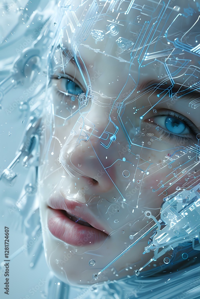 Poster ethereal female face with bright blue eyes overlaid with glowing circuit patterns and digital elemen
