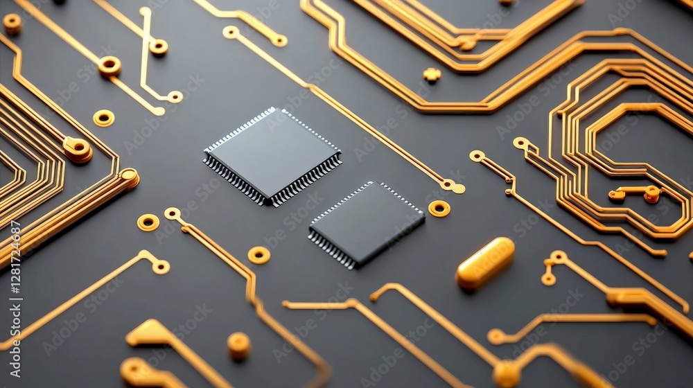 Aufkleber close-up of circuit board with microchips and orange lines design