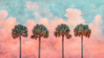 Fototapeta premium Serene tropical vista featuring four palm trees against a dreamy pastel sky creating a tranquil and peaceful atmosphere for vacation travel
