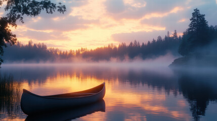 Obraz premium tranquil lakeside scene with canoe at sunrise, surrounded by mist and trees, creating serene atmosphere