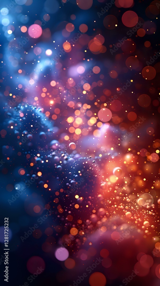 Poster magical glowing bokeh lights in blue and orange colors create dreamy abstract background with blurre