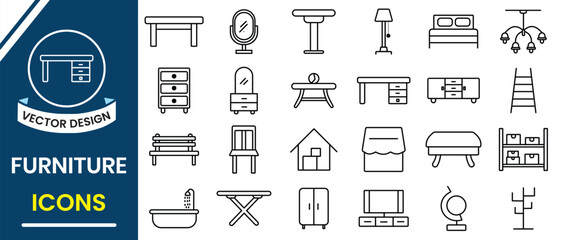 Furniture icon, vector set. Furniture silhouette, home interior line icon, elements sign symbol design. Containing sofa, chair, table lamp design for living room, bedroom, office. Vector illustration.