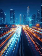 Dynamic Urban Landscape with Light Trails and Modern Architecture in a Vibrant Night Scene