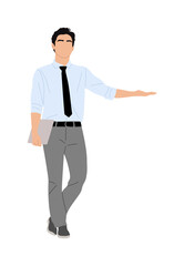 Businessman character standing, holding laptop, pointing to the side. Handsome man wearing shirt, tie, sowing direction, presenting. Vector realistic illustration isolated