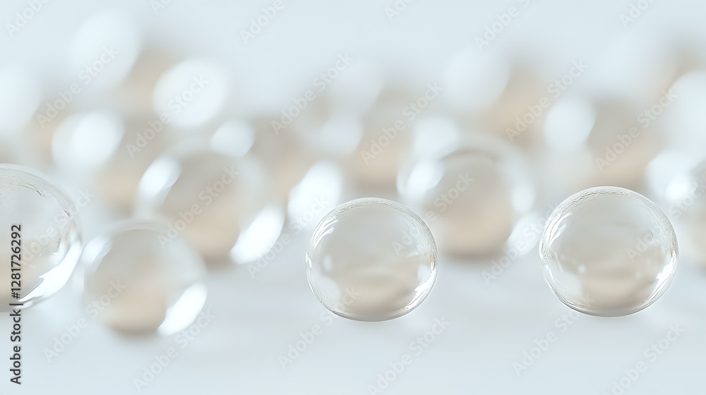 Poster translucent glass spheres arranged in rows creating minimalist composition with soft bokeh effect an