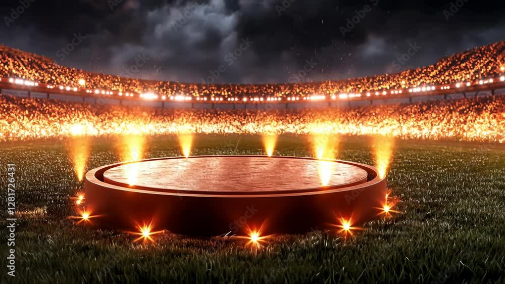 Poster stage illuminated with fiery lights in an empty stadium before a major event in the evening
