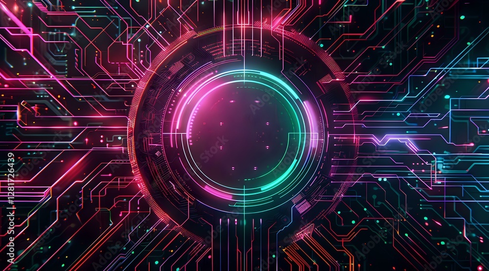 Poster futuristic circuit board pattern with glowing neon circle in pink and turquoise colors against dark 