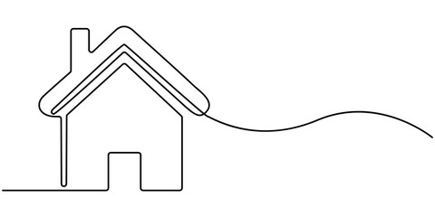 Continuous thin line home vector illustration, minimalist house icon. One line art cottage building, Home Sweet Home Continuous one line drawing, Abstract house on the hill in continuous line art. 