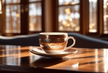 Obraz premium empty coffee cup placed elegantly stylish wooden table surrounded natural light highlighting rustic charm, beverage, mocha, espresso, furniture, interior