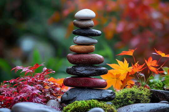 Balanced stack of colorful zen stones with autumn leaves in nature, meditation and harmony concept, vibrant fall background, perfect for mindfulness and relaxation themes