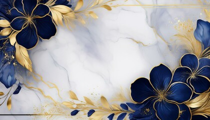 white marble background with navy blue and gold floral accents framed by thin golden borders suitable as a wedding invitation card template or cover